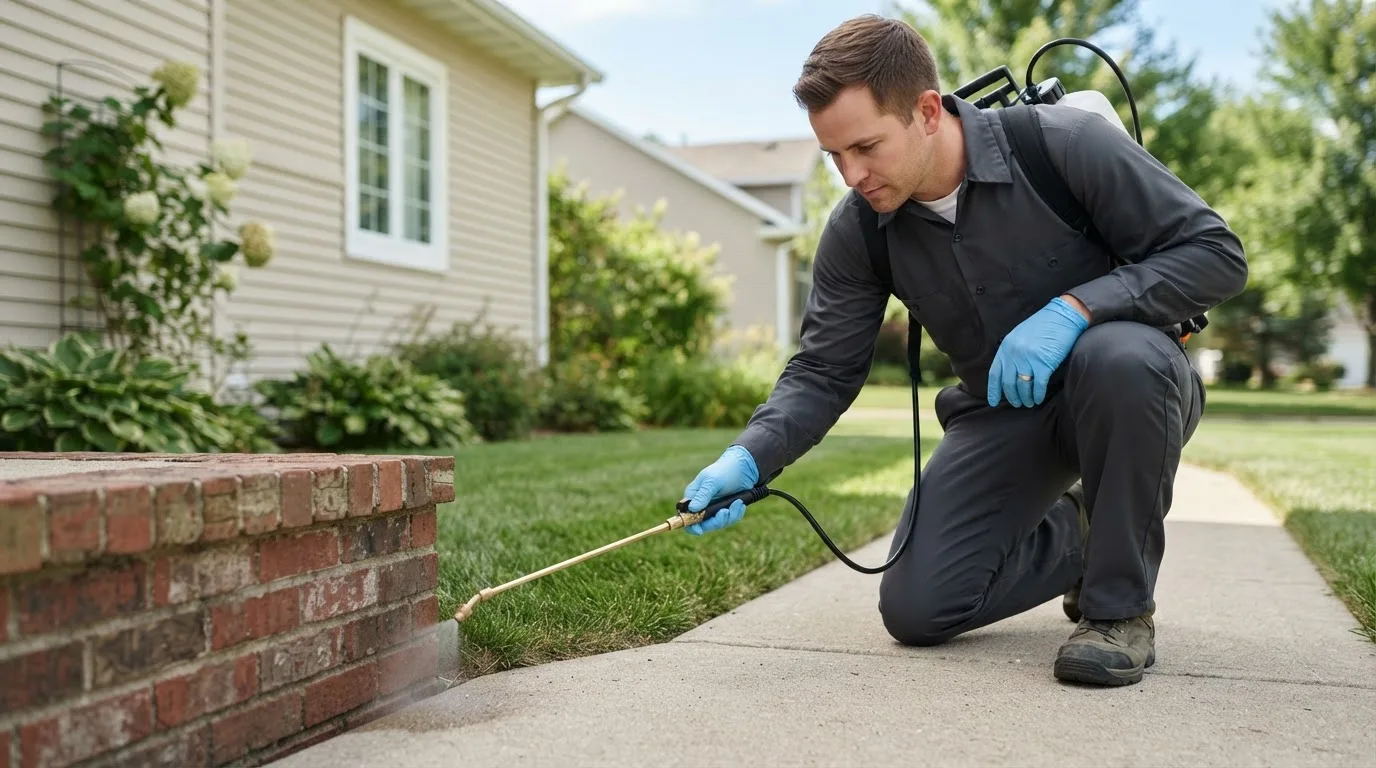 Pest control technician treating a home near Bluff City, KS