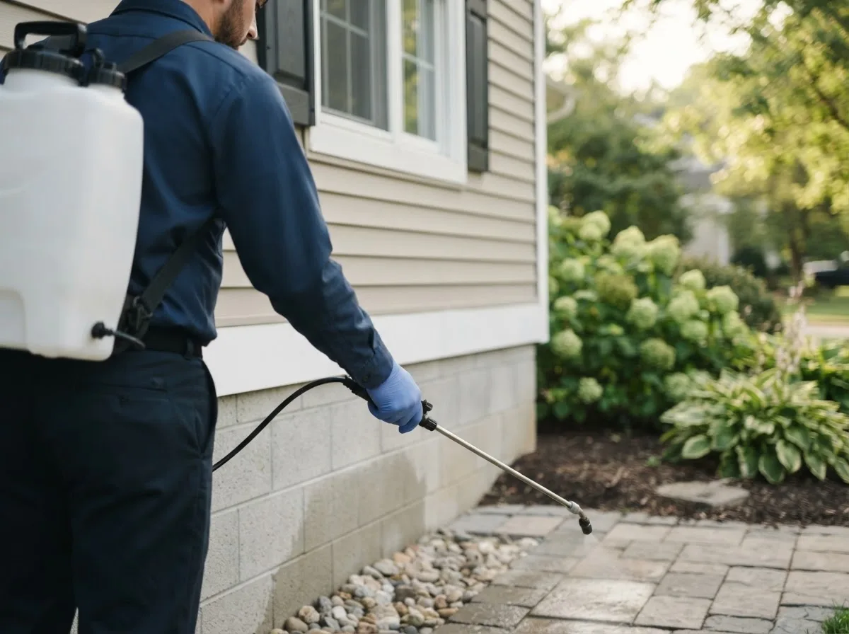 Pest control technician inspecting a home in Bluff City, KS